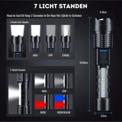 Krachtige Oplaadbare LED Zaklamp met Zijlicht - Afbeelding 4